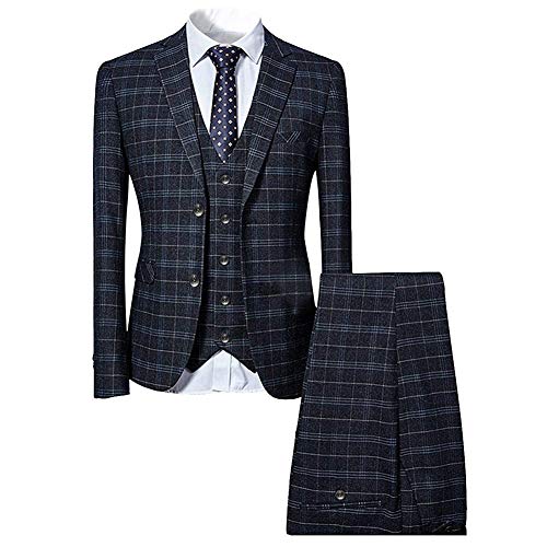 Checked Slim Fit Men's 3 Piece Suit, Black/Blue Checked Slim Fit Men's 3 Piece Suit, Black/Blue